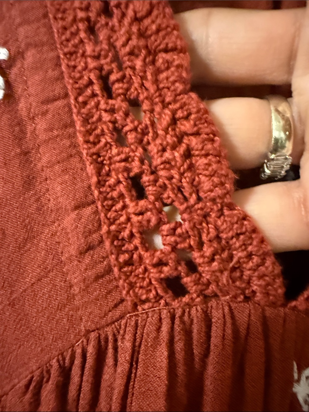 Bohemian Long-Sleeve Embroidered Maxi Dress — Rust with White Accents - Picture 6 of 7